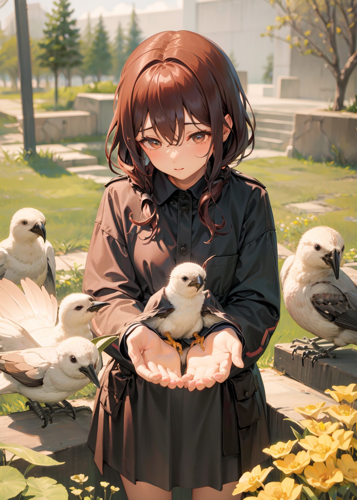 <lora:cupping hands:1>cupping hands,holding bird,looking down, masterpiece,1girl,cute